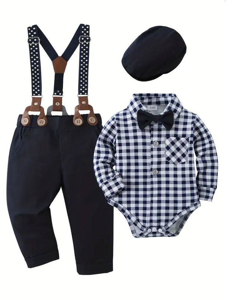 Traje de niño, traje de pantalón y boina en color negro, mameluco cuadrado azul y blanco, tirante negro con estrellas y corbatín negro