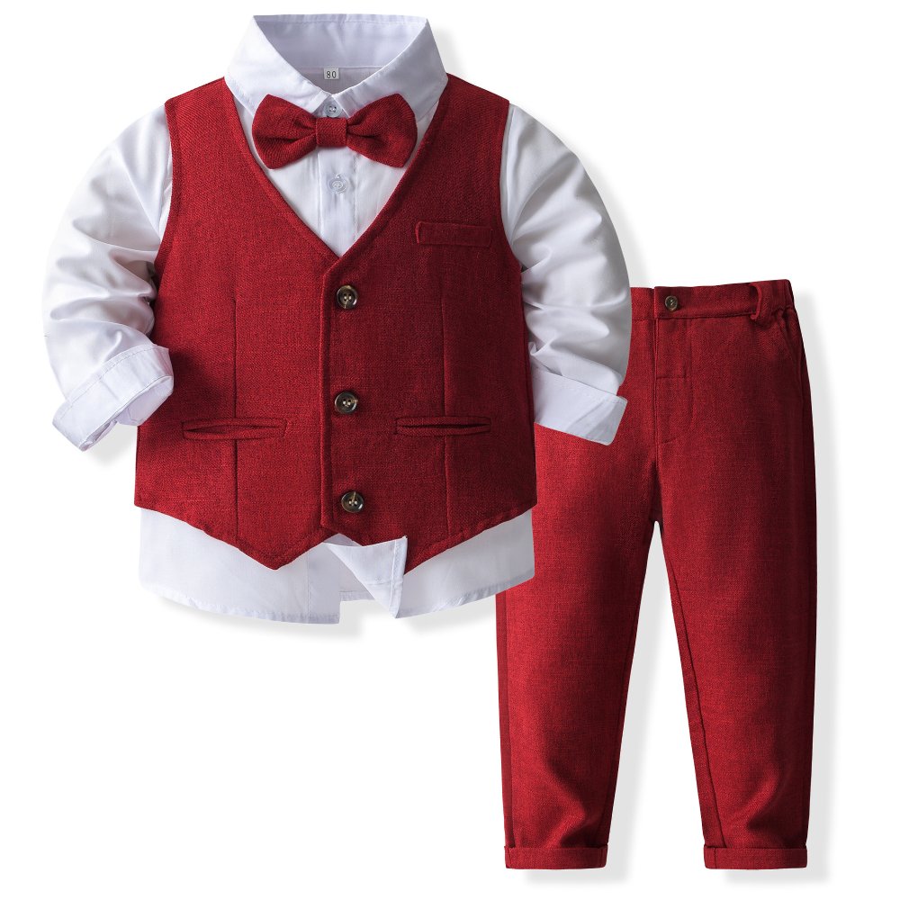 Traje de niño, traje de pantalón, chaleco y corbatín rojo, camisa blanca manga larga