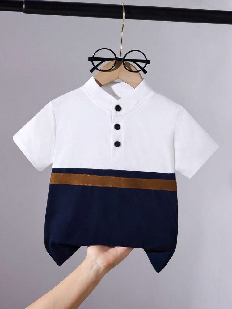 Camisa de niño, camisa tipo polo de manga corta blanco con azul y café