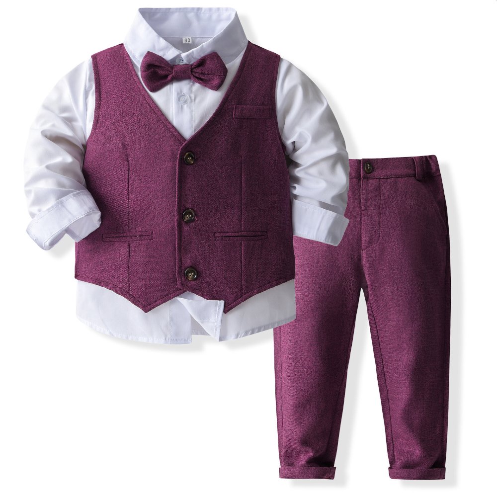 Traje de niño, traje de pantalón, chaleco y corbatín morado, camisa blanca manga larga