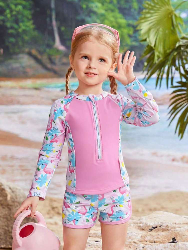 Traje de baño de niña, rosado con manga larga de estampado de flamingo, con diseño de cremallera en la parte adelante
