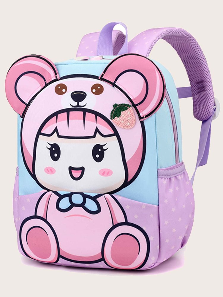 Mochila rosada con celeste y dibujo de bebe vestida de osito