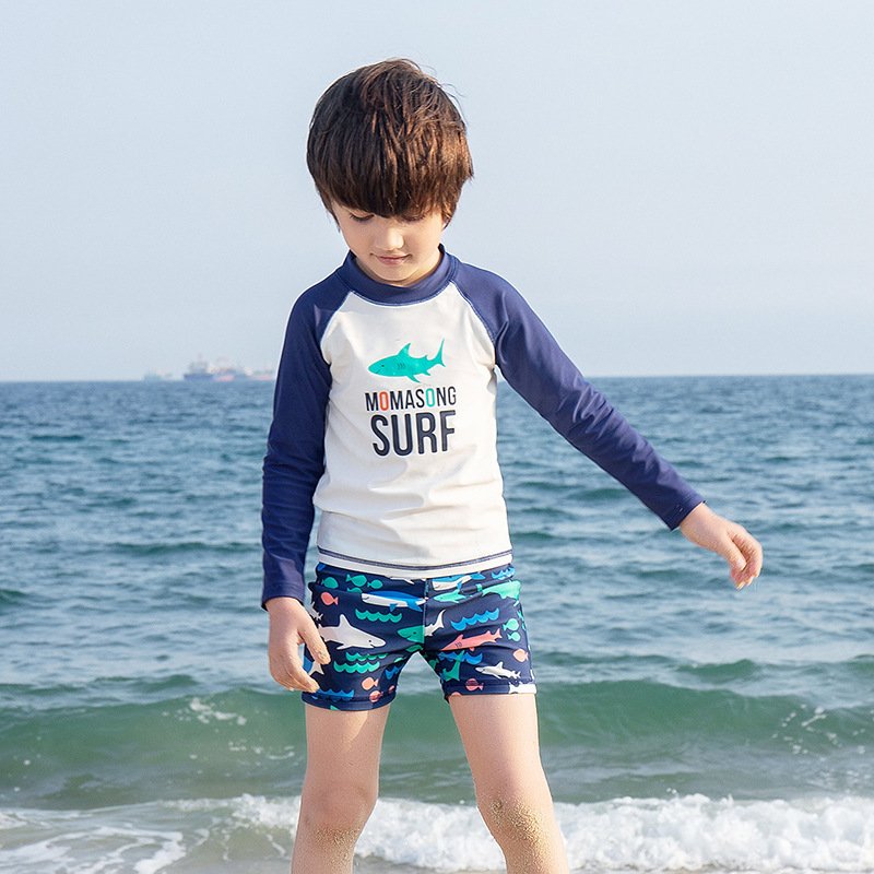 Traje de baño de niño, manga larga azul-blanco de tiburón