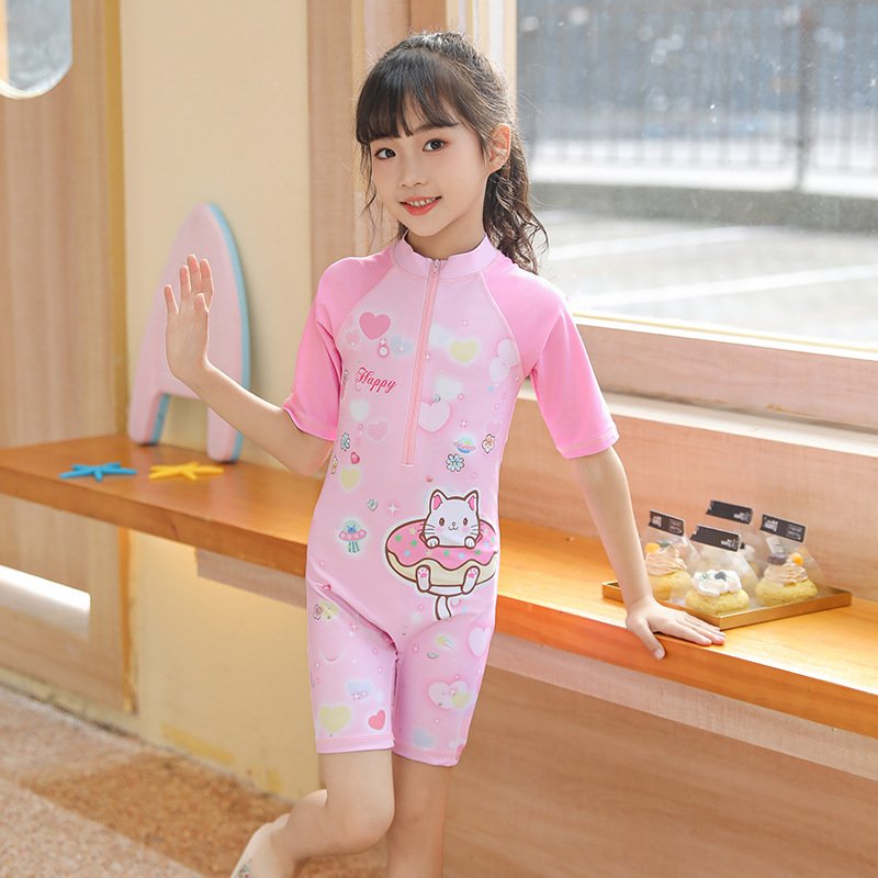 Traje de baño de niña, rosado con figuras de gatita, manga corta con zíper en la parte de adelante