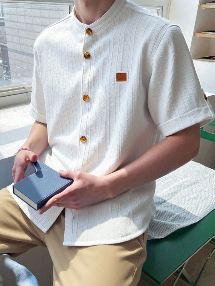Traje de niño, traje de short crema y camisa manga corta cuello chino, conjunto casual