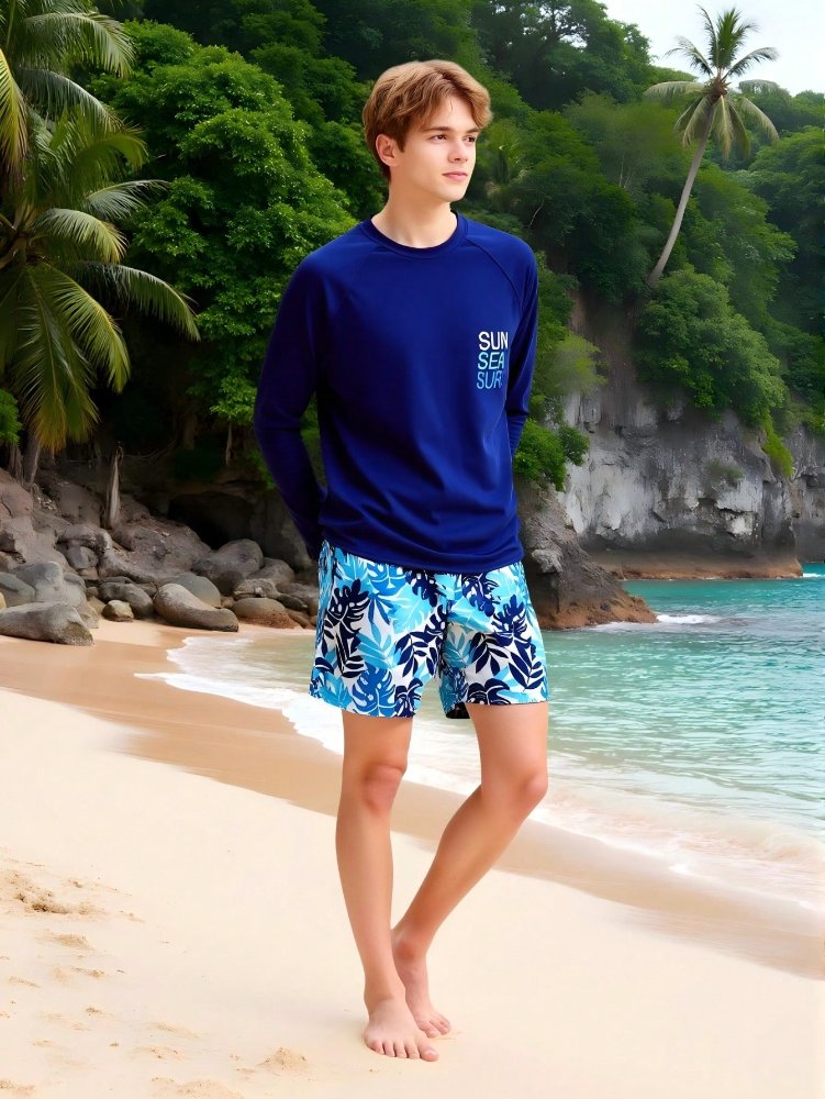 Traje de baño para adolescentes, con parte superior de manga larga con estampado de letras SUN; SEA; SURF y shorts estampado de palmeras