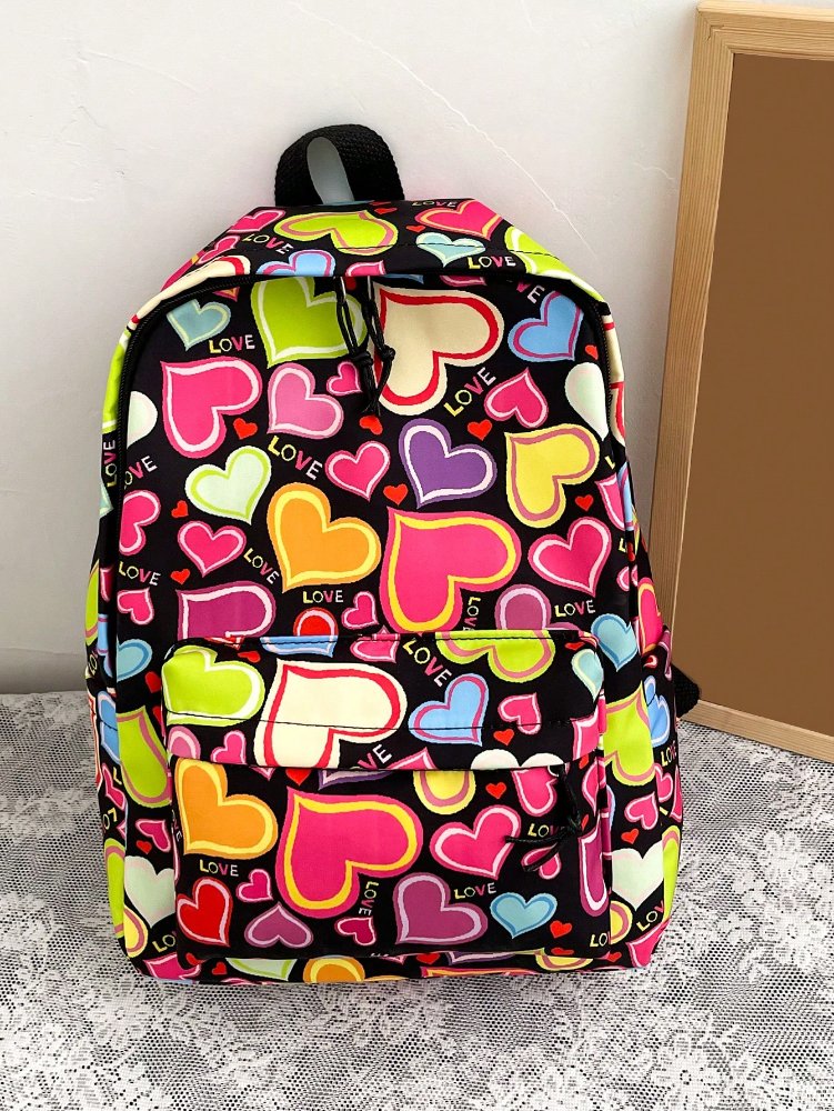 Mochila negra con corazones de colores vivos y letra LOVE
