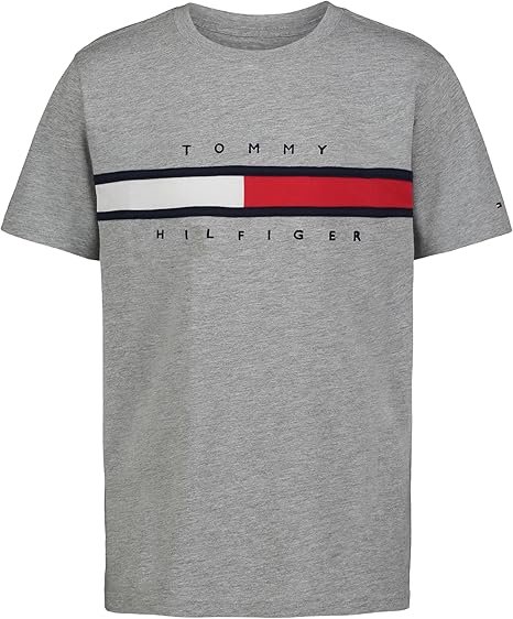 Camiseta gris Tommy Hilfiger de manga corta con cuello redondo para niño, suave, cómoda, ajuste relajado