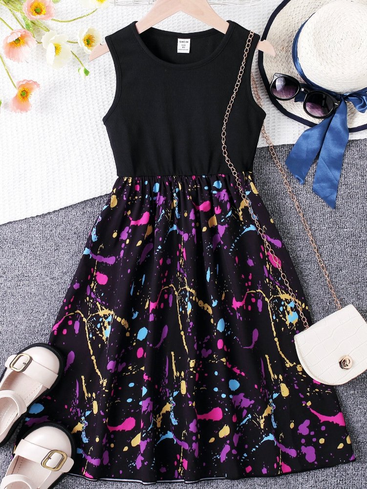 Vestido de niña, vestido negro con pringas de pinturas, cuello redondo