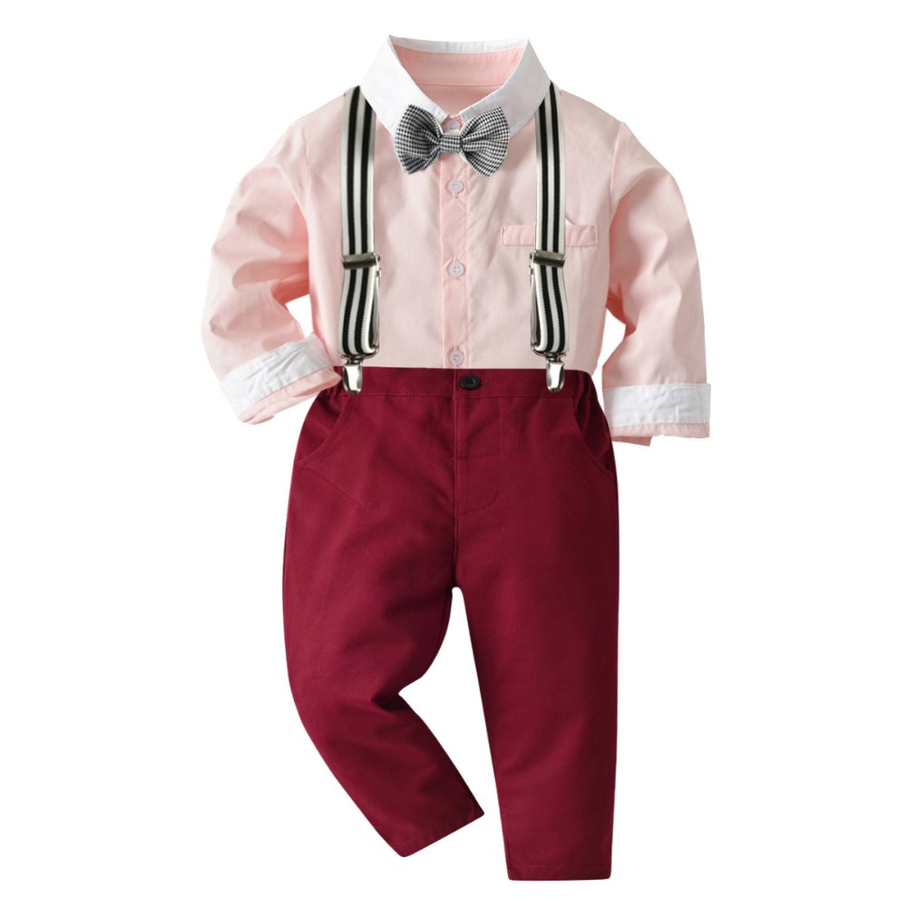 Traje de niño, traje de pantalón rojo vino, camisa mamón manga larga con puño y cuello color blanco, tirante y corbatín blanco con negro