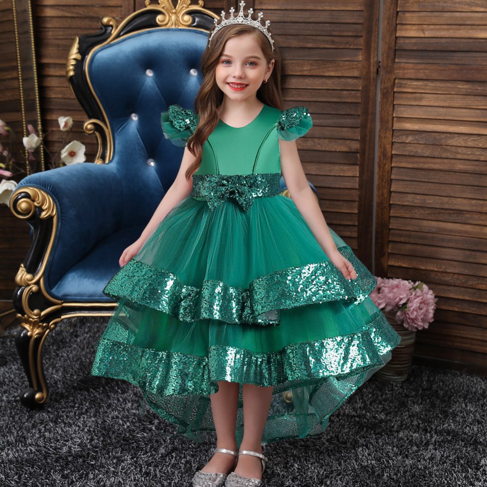 Vestido de niña, vestido verde con lentejuelas en la parte de abajo, cintura y hombro, mangas cortas