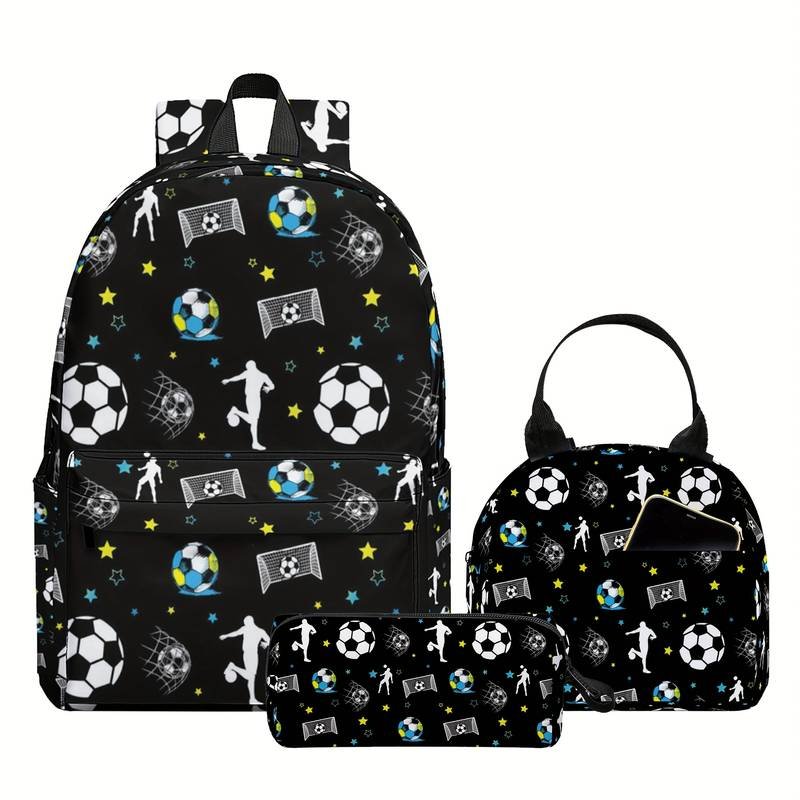 Mochila de futbol, negra con figura de balón, jugadores y portería, set de artículos: mochila, lapiceros y lonchera