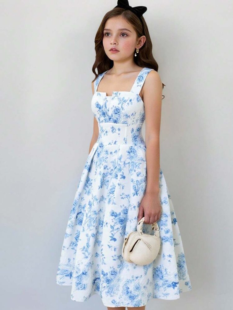 Vestido de niña, vestido color celeste con cintura ajustada y falda acampanada con estampado floral