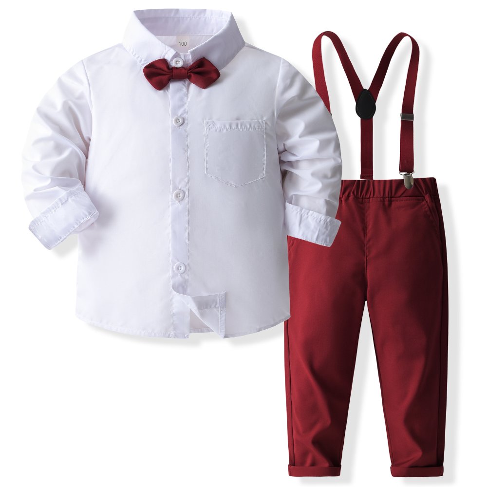 Traje de niño, traje de pantalón, tirante y corbatín rojo, camisa blanca manga larga