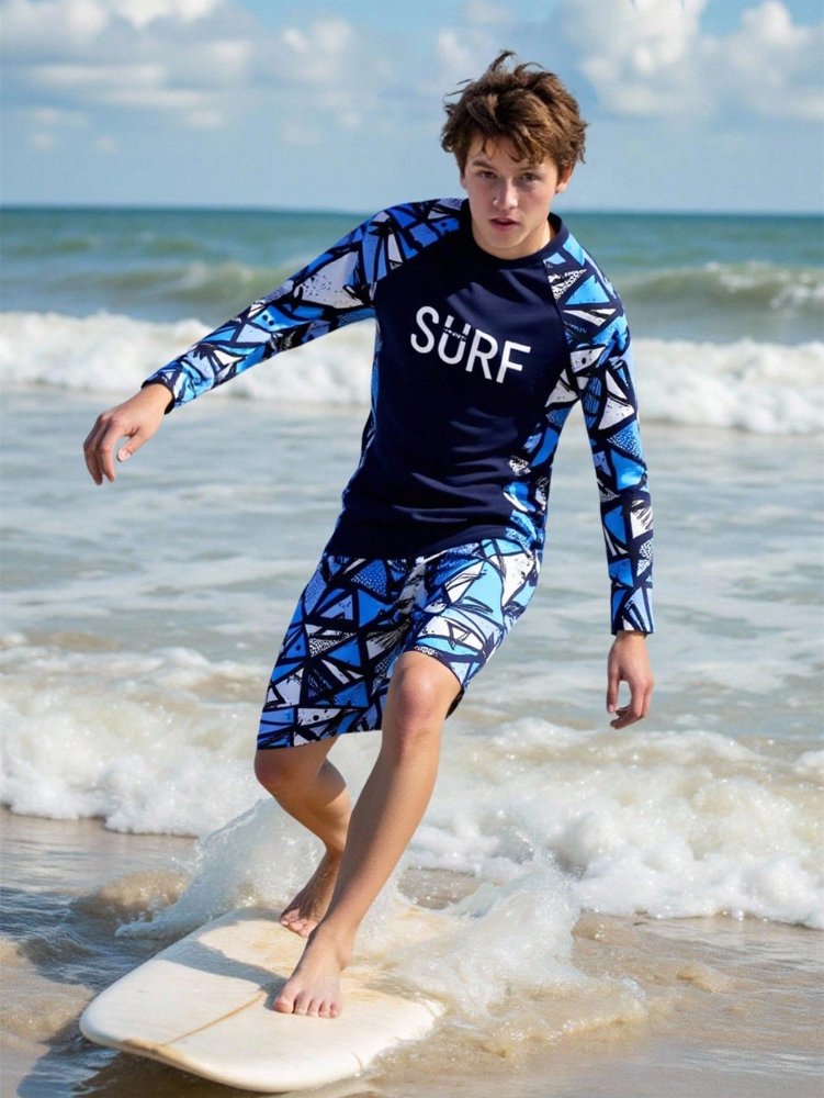 Traje de baño para adolescentes, con parte superior SURF, manga larga y short figura geométricas