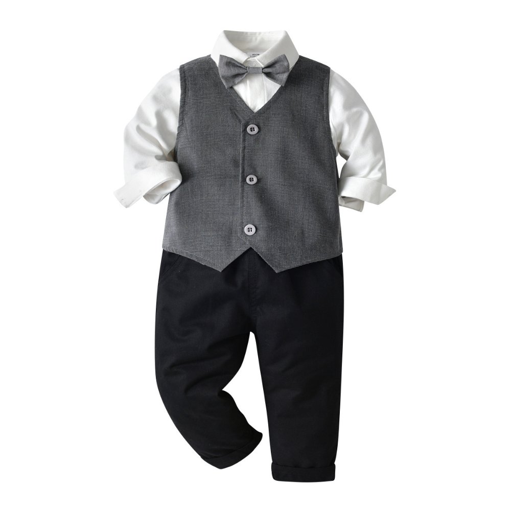Traje de niño, traje de pantalón negro, chaleco y corbatín gris, camisa blanca