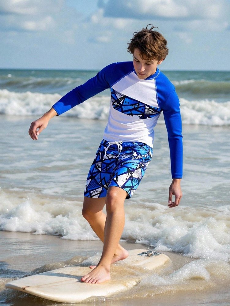 Traje de baño para adolescentes, camiseta de manga larga con pantalón de baño (celeste con blanco)
