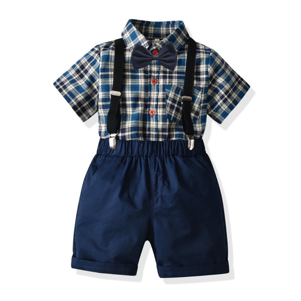 Traje de niño, traje de short y corbatín azul, camisa cuadrada y tirante negro