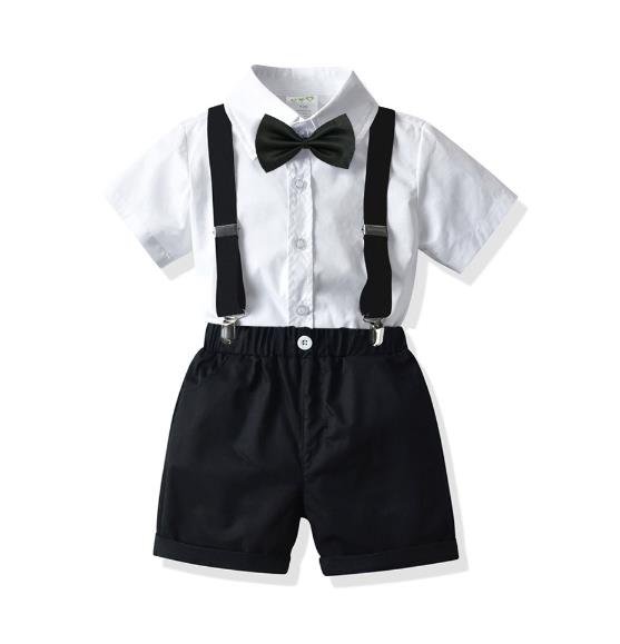 Traje de niño, traje de short, tirante y corbatín negro, camisa blanca manga corta