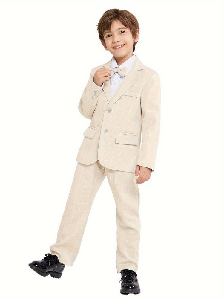 Traje de niño, traje formal crema cuadrado, pantalón y saco crema, camisa blanca manga larga, corbatín crema