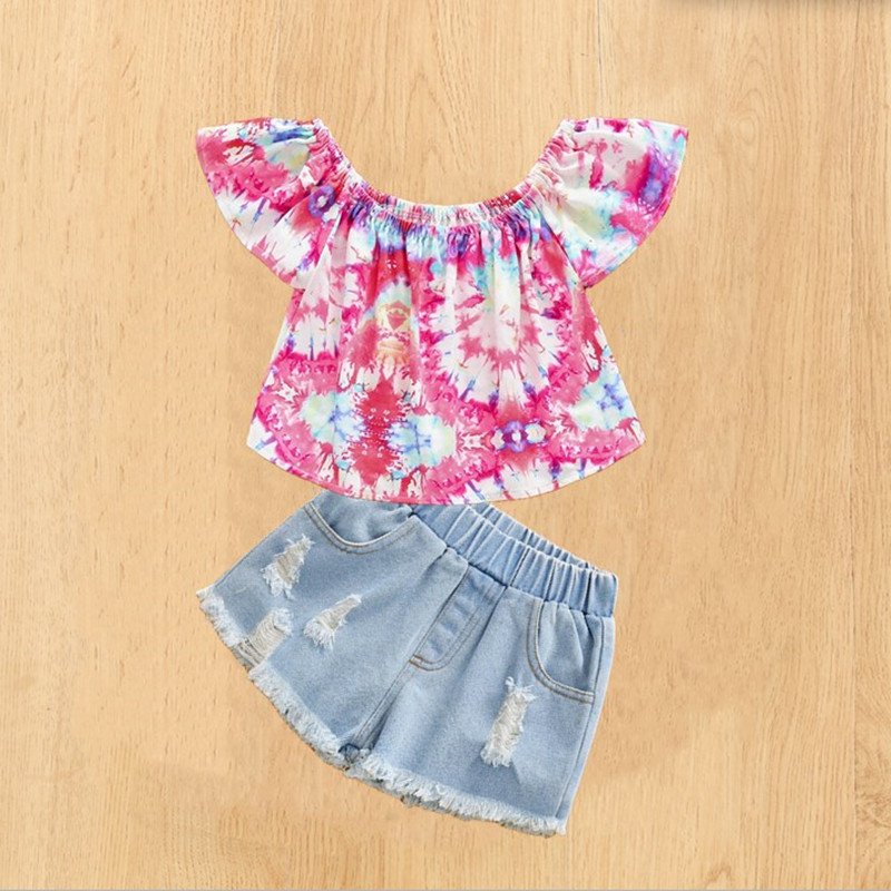 Traje de niña, traje de camisa multicolor y short jeans