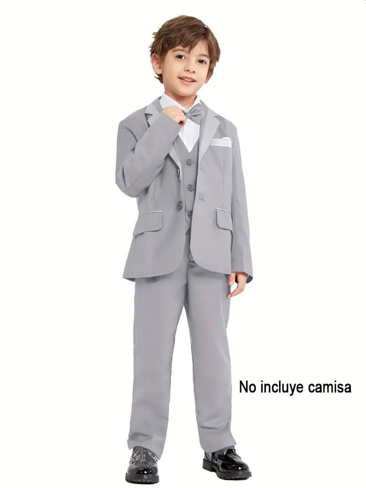 Traje de niño, traje formal saco, pantalón y corbatín gris claro