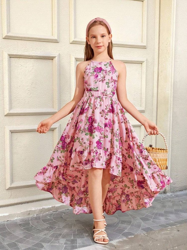 Vestido de niña, vestido rosado sin mangas con lazo trasero y estampado floral