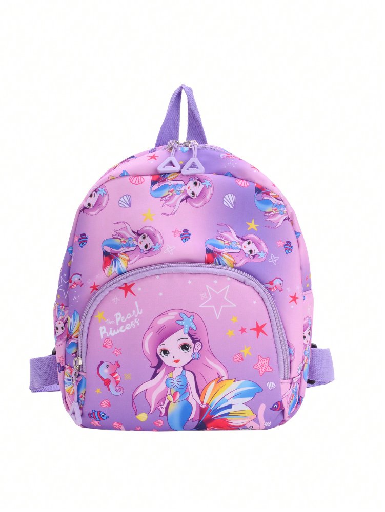 Mochila rosada con lila de figura de sirena y caballito de mar