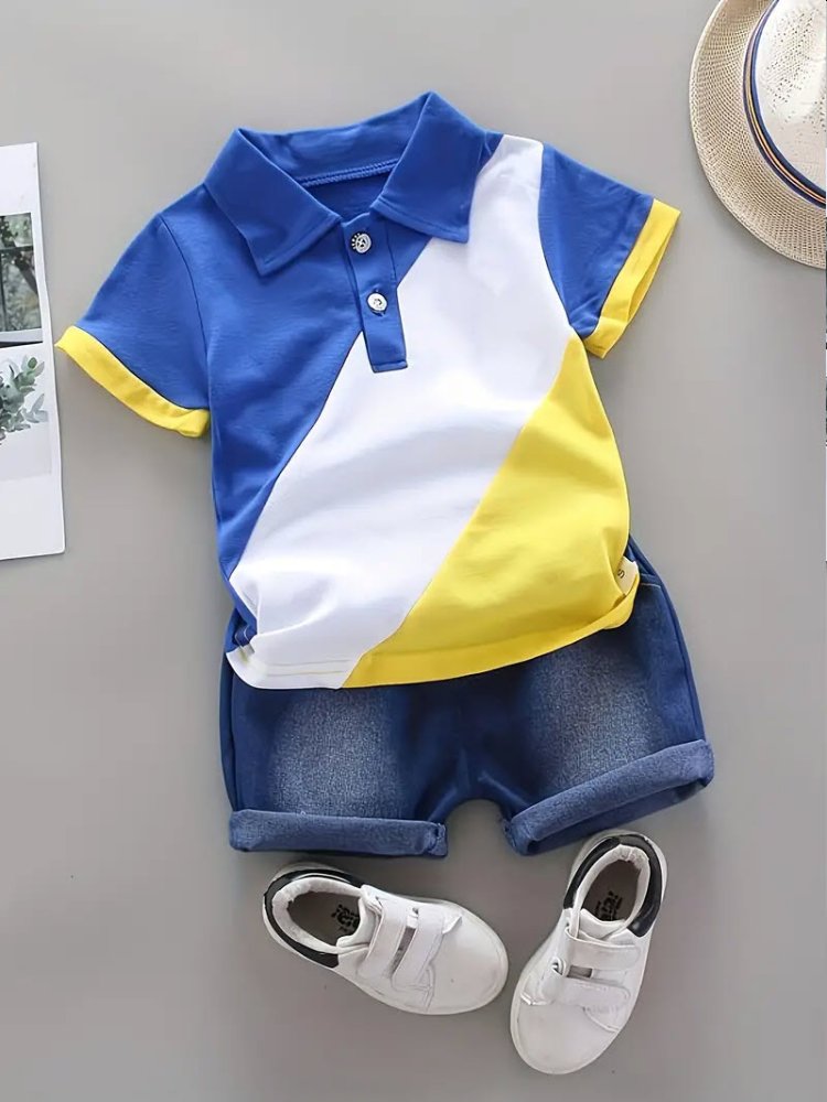 Traje de niño, traje de short jeans camisa estilo polo de tres colores, azul, blanco y amarillo