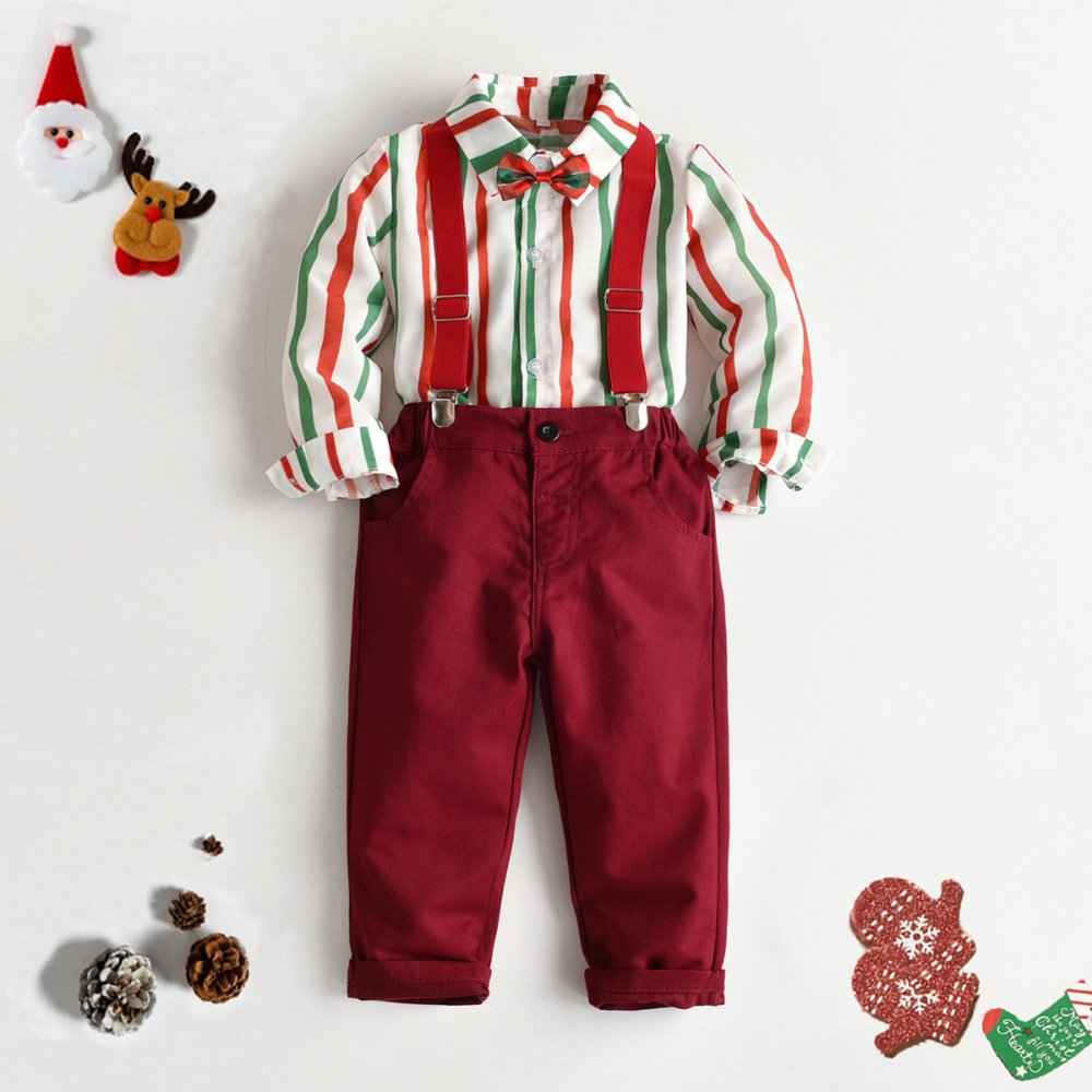 Traje de niño, traje de pantalón rojo, camisa blanca con rayas rojas y verde y tirante y corbatín rojo