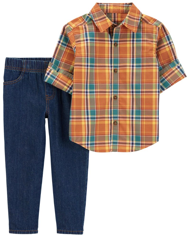 Traje de niño, pantalón jeans y camisa a cuadro naranja