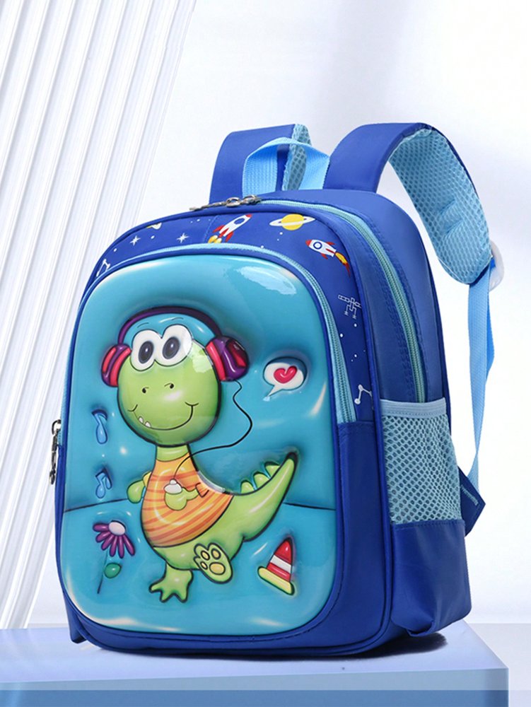 Mochila azul con celeste y dibujo de dinosaurio escuchando música