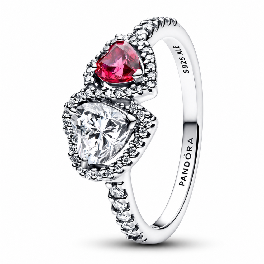 ANILLO RELUCIENTE CORAZÓN DOBLE PLATA HALO ROJO