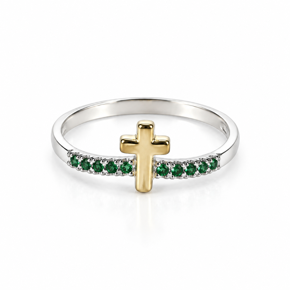 ANILLO PLATA Y ORO TIARA CRUZ CIRCONES VERDES