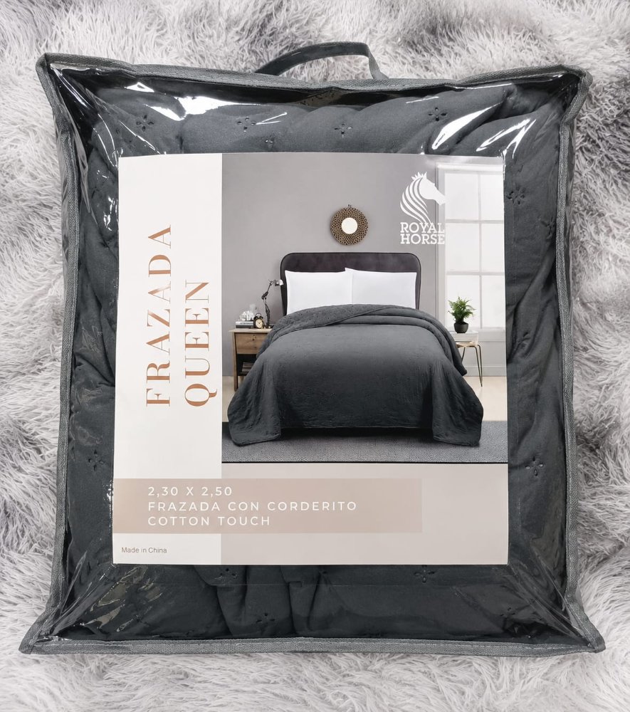 FRAZADA QUEEN CON CORDERITO GRIS