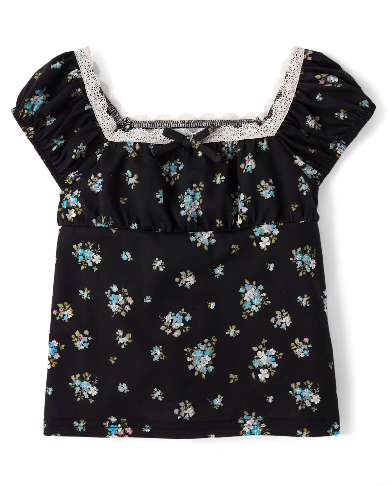 Children's Place - Girls Floral Babydoll Top - Negro