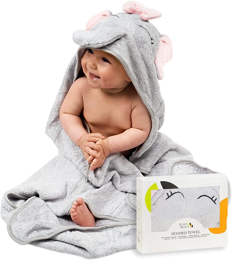 Jumpy Moo's Premium Ultra Soft Baby Towel - Hypoallergenic 35x35 inches, 100% Organic Bamboo, Hooded Baby Towels, Baby Gifts with Giftbox & Washcloth