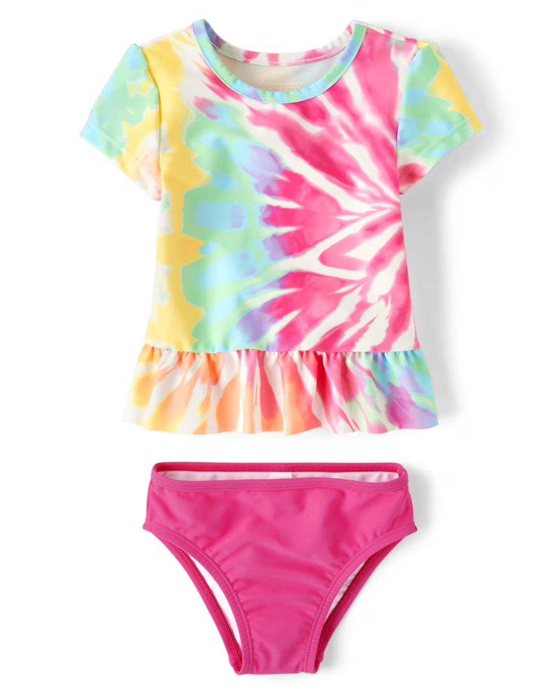 Childrens Place - Baby And Toddler Girls Rainbow Tie Dye Peplum Rashguard traje de bano - 12-18 M