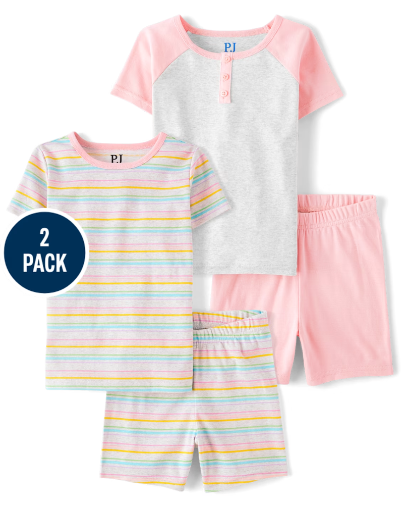 Children's Place - Girls Rainbow Striped Henley Snug Fit Cotton Pajamas 2-Pack