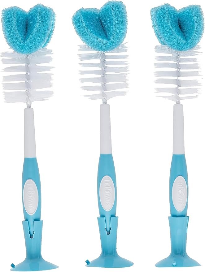 Dr. Brown’s Reusable Sponge Baby Bottle Cleaning Brush Set with Suction Cup Stand, Scrubber and Nipple Cleaner, Blue 3-Pack