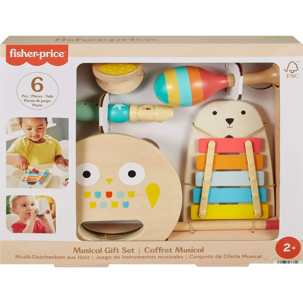 Fisher-Price Wooden Musical Instruments Gift Set Toddler Creative Play, 6 Wood Pieces