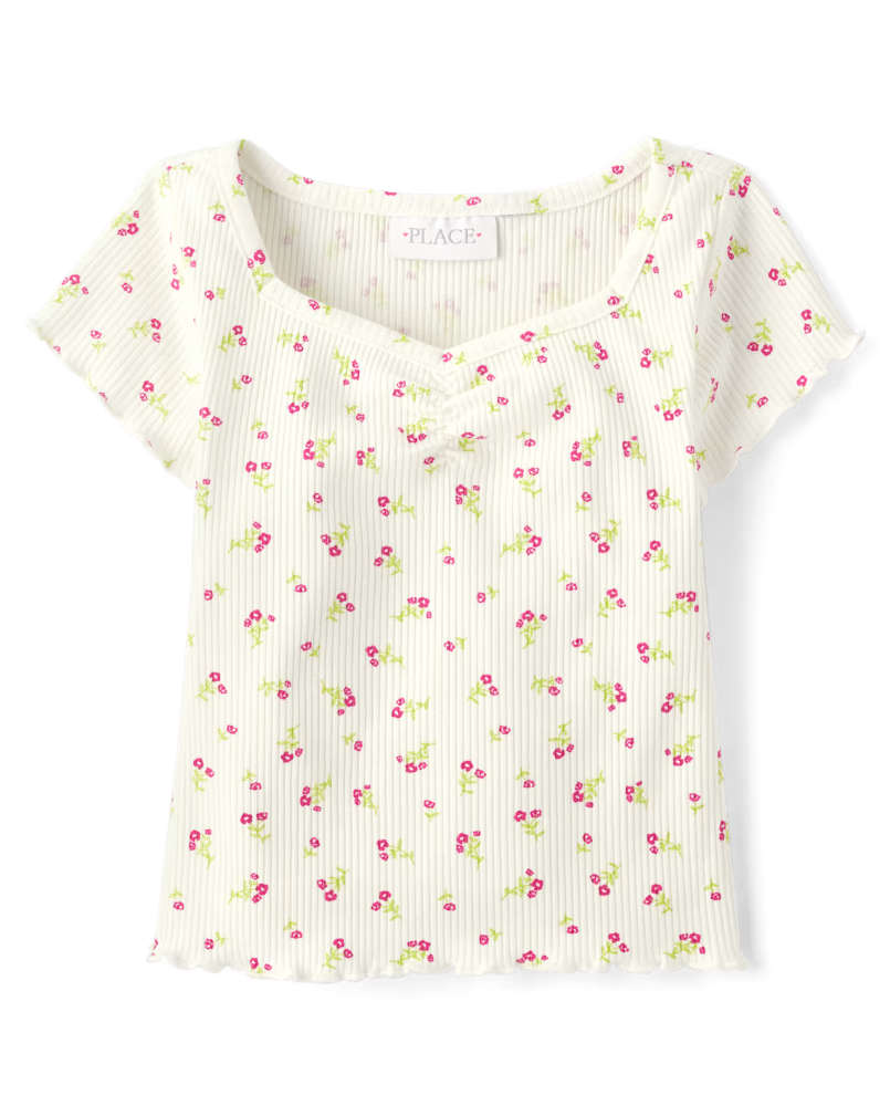 Children's Place Girls Floral Ribbed Cropped Tee - S 5/6