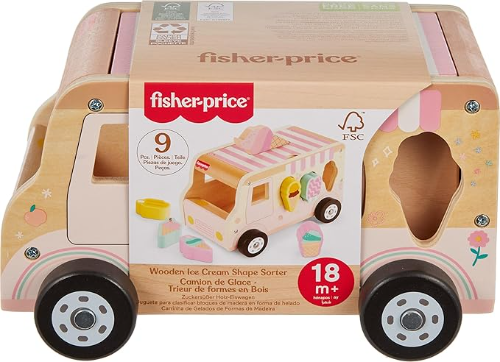 Fisher-Price Wood Toddler Toy Ice Cream Truck Shape Sorter Set, 8 Wooden Pieces for Developmental Play Kids Ages 18+ Months