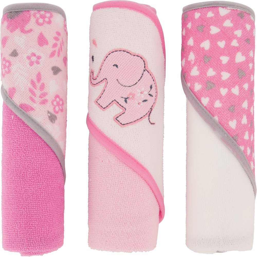 Cudlie Buttons & Stitches Baby Girl 3 Pack Rolled/Carded Hooded Towels in Blooming Elephant Print