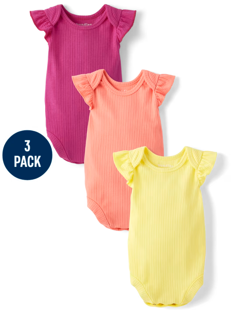 Children's Place - Baby Girls Ribbed Bodysuit 3-Pack - bright newborn