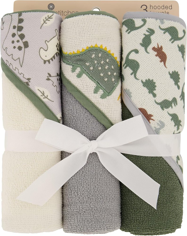 Cudlie Buttons & Stitches Baby Boy 3 Pack Rolled/Carded Hooded Towels in Dino Roar Print