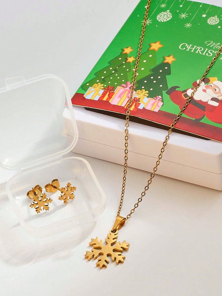 Set de 3 piezas con diseño de copo de nieve: collar y aretes de acero inoxidable chapado en oro de 14K