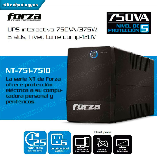 UPS INTERACTIVA 750VA/375W 6 SALIDAS RJ11 120C AC FORZA