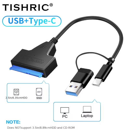 CABLE ADAPTADOR DUAL USB 3.0 / TIPO C A SATA PARA SSD
