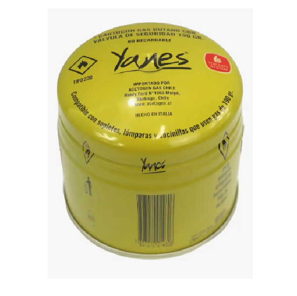 (14606) CARTUCHO GAS BUTANO C/VALVULA SEGURIDAD 190GR YANES